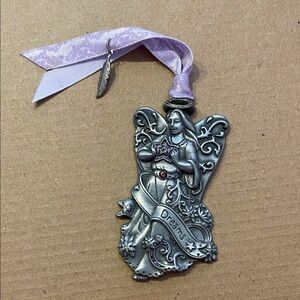 Silver Angel Ornament with Purple Ribbon gloria duchin pewter 3”